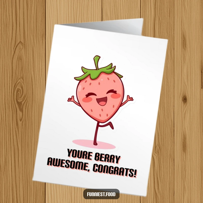 Funny free printable congratulations card showing a grinning strawberry winking cheekily while balancing on one leg.