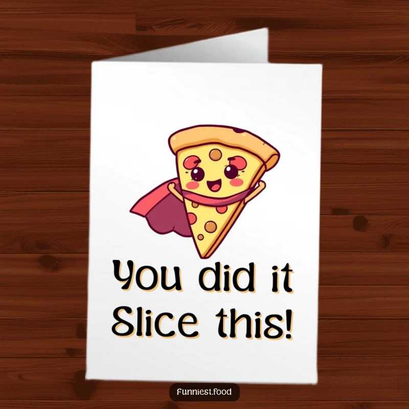 Funny Free Printable congratulations card showing a pizza slice hero soaring with joy and a red cape.