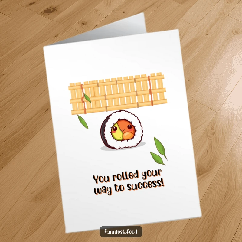 Funny Free Printable Congratulations Card: A shy sushi roll peeking out from a bamboo mat, conveying congrats.