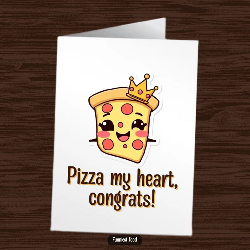 Funny Free Printable Congrats Card: A grinning pizza slice character with a tiny crown, celebrating a victorious occasion in style.