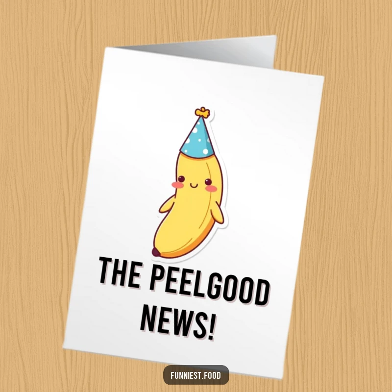 Funny Free Printable congratulations card showing a shy banana in a tiny party hat, offering a modest congrats.
