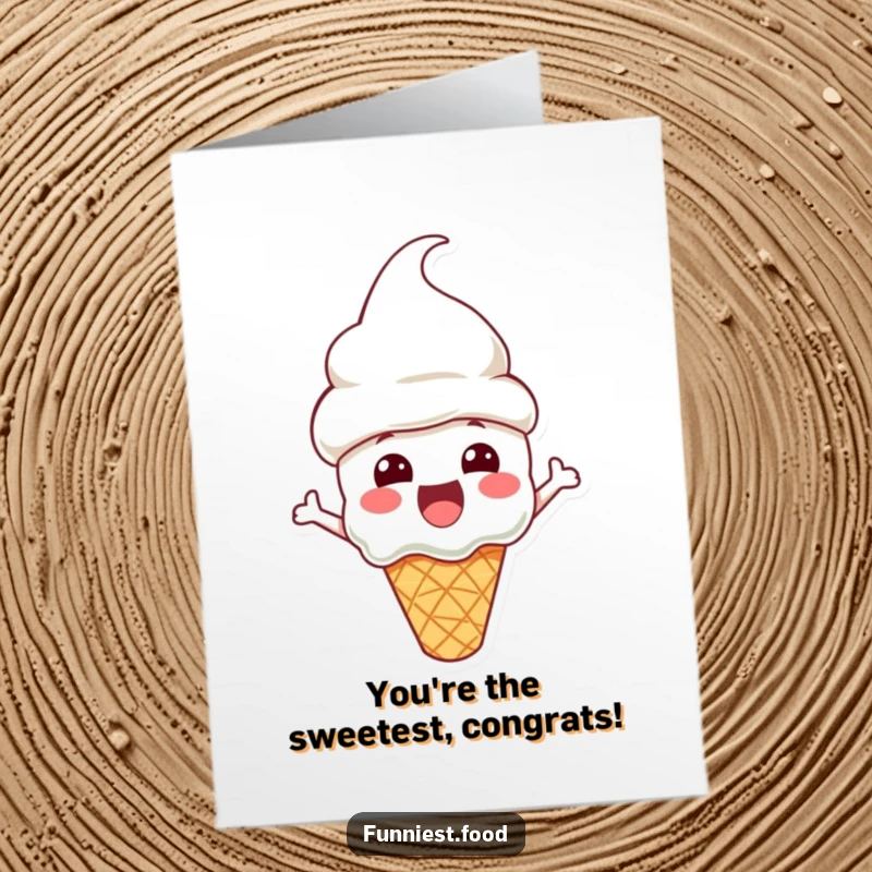 Funny Free Printable Congrats Card: An excited ice cream cone character with a cone hat, celebrating achievements with a cool vibe.