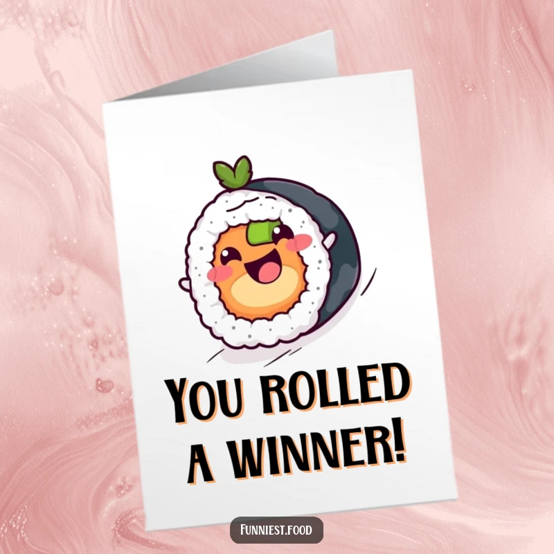 Funny free printable congratulations card showing a cheerful sushi roll happily rolling downhill to celebrate a big win.