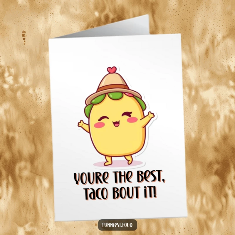 Funny Free Printable Congratulations Card: A winking taco in a little hat, dancing with joy.