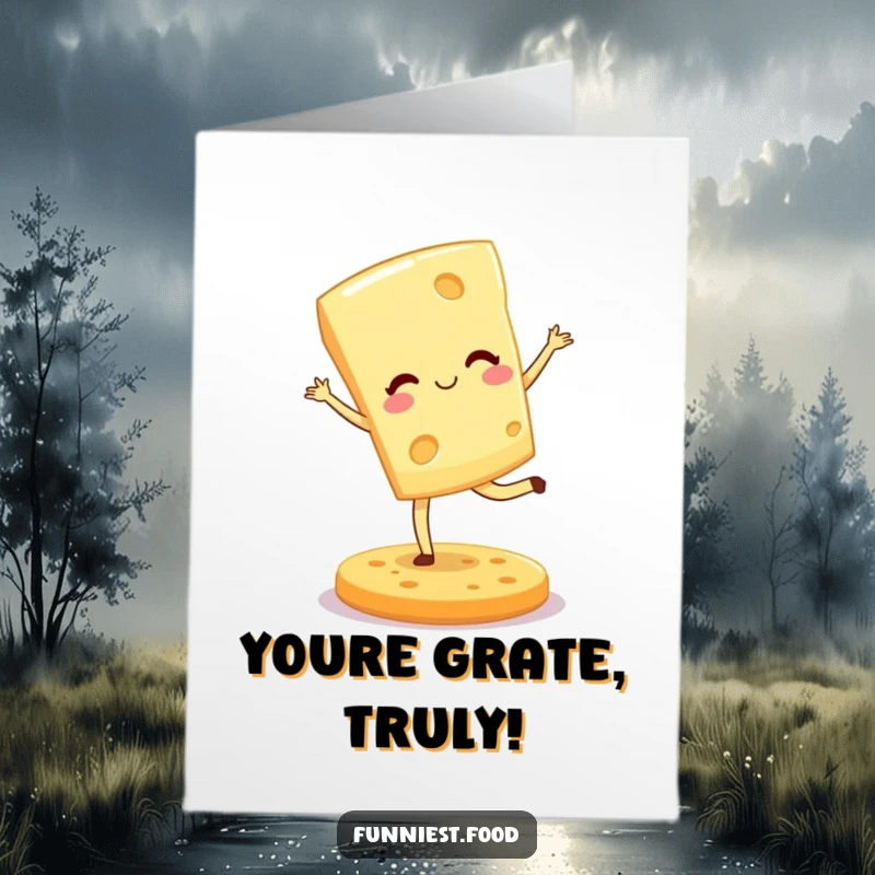 Funny Free Printable Thank You Card: Winking cheese wedge doing a graceful pirouette on a cracker, a sweet downloadable thank you.