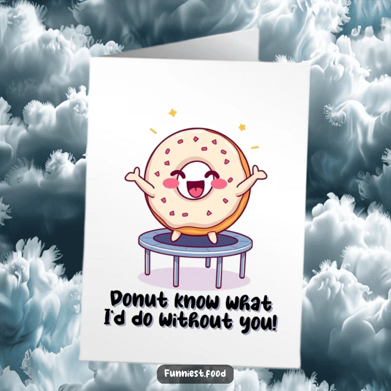 Funny Free Printable Thank You Card: A happy donut with sparkles bouncing on a trampoline, expressing heartfelt thanks.