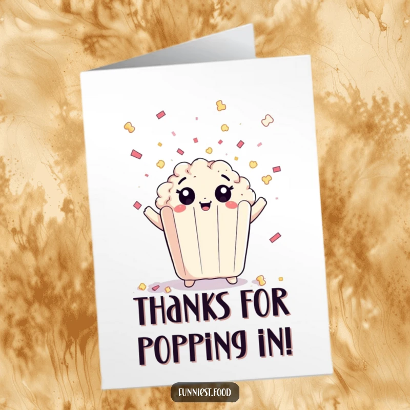 Funny Free Printable Thank You Card: A piece of popcorn with wide eyes throwing confetti, showering thanks with delight.
