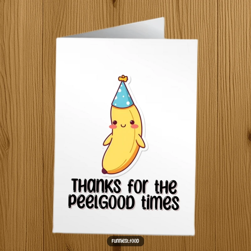Funny Free Printable thank you card displaying a shy banana wearing a party hat, whispering its thanks.