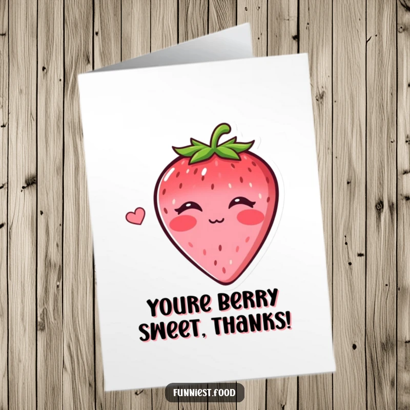 Funny free printable thank you card with a happy strawberry character blowing a kiss, expressing gratitude in a charming way.