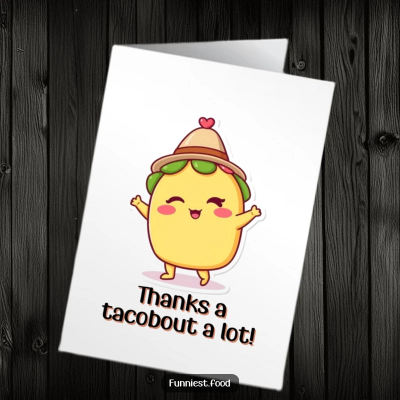 Funny Free Printable Thank You Card: A winking taco wearing a small hat, dancing a thank you jig.