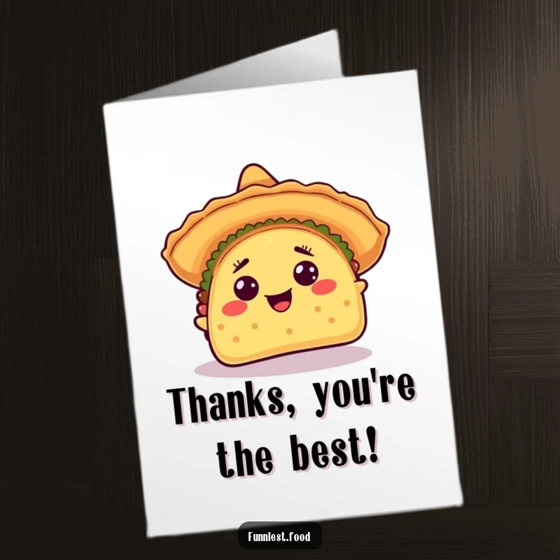 Funny free printable thank you card showcasing an overjoyed taco with a sombrero tipping, sending thanks with Mexican flair.
