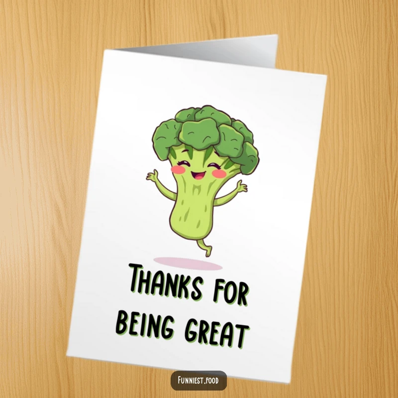Funny Free Printable Thank You Card: Bouncing broccoli doing a silly jig, grinning happily.
