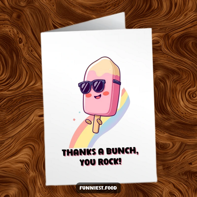 Funny Free Printable Thank You Card: A popsicle with sunglasses slides down a rainbow, sending cool thanks.