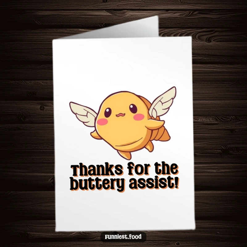 Funny Free Printable Thank You Card: Bewildered croissant with mini wings trying to take off, expressing thanks humorously.
