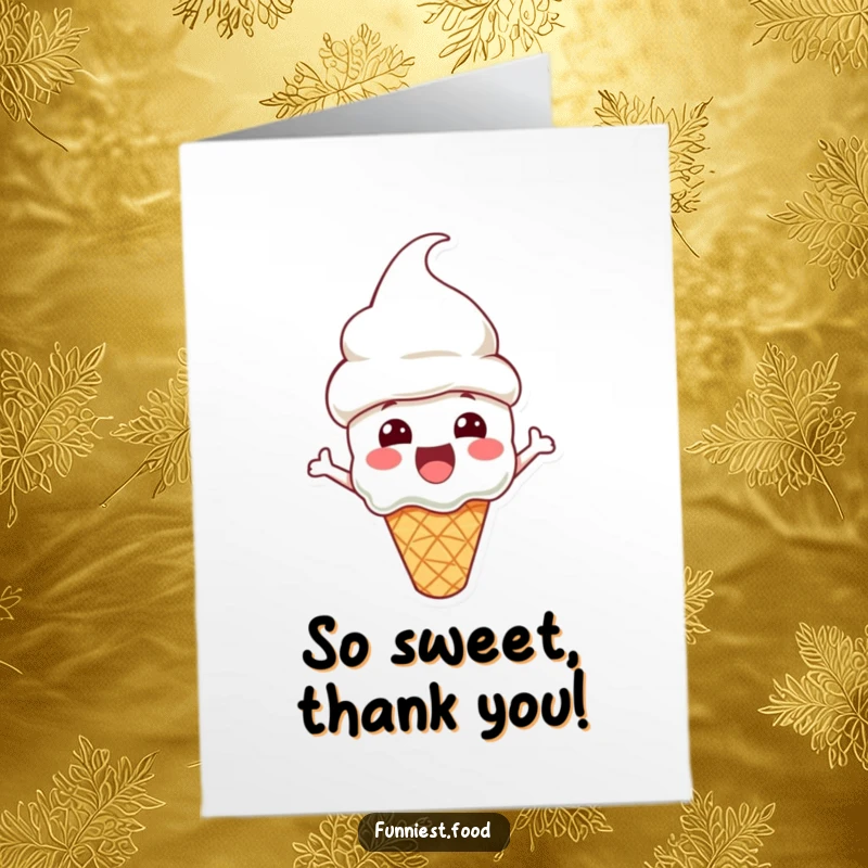 Funny Free Printable Thank You Card: A happy ice cream cone character wearing a cone hat, conveying sweet thanks.