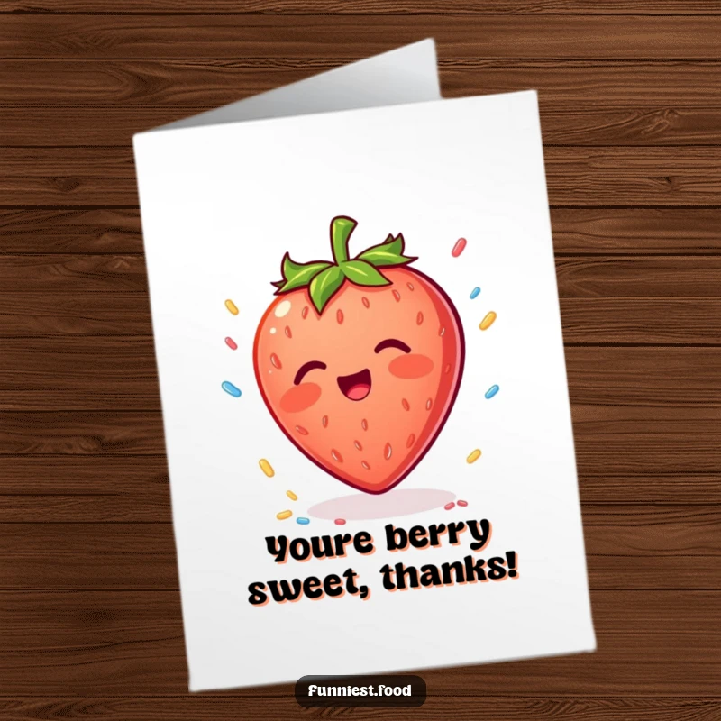 Funny Free Printable Thank You Card: A happy strawberry catches sprinkles, a sweet way to say thank you.