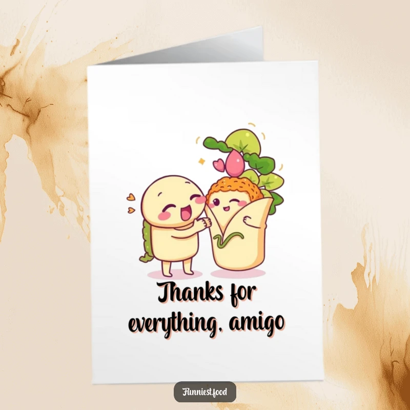Funny Free Printable Thank You Card: A winking taco serenades a shy burrito, conveying thanks musically.