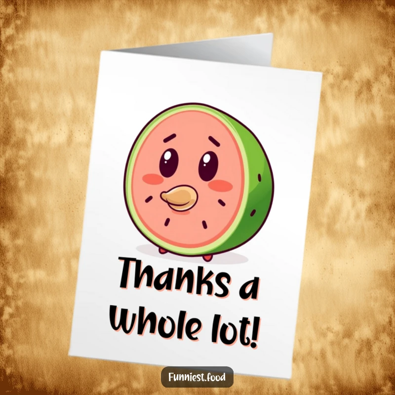 Funny Free Printable thank you card with a surprised watermelon slice character, a seed flying out its mouth, conveying thanks humorously.
