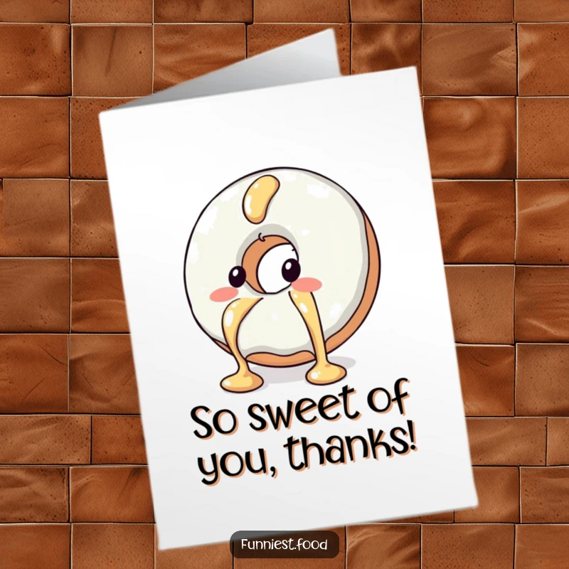 Funny Free Printable Thank You Card: Blushing donut character escaping syrup, a charming thank you note.
