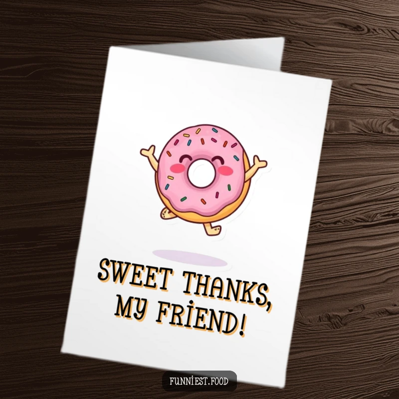 Funny Free Printable Thank You Card: A cheerful donut character with colorful sprinkles dancing, expressing sweet thanks.