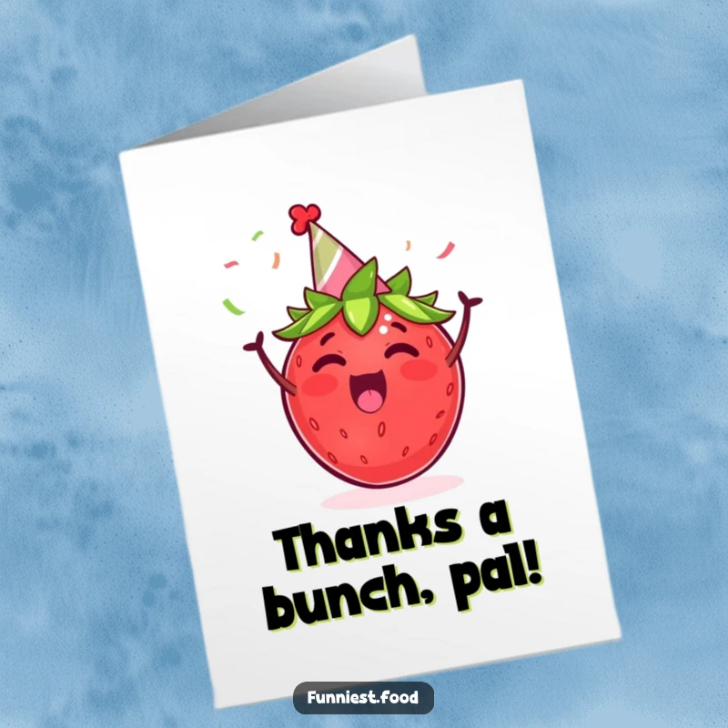 Funny Free Printable Thank You Card: Excited strawberry in a party hat, cheering with streamers, a sweet downloadable message.