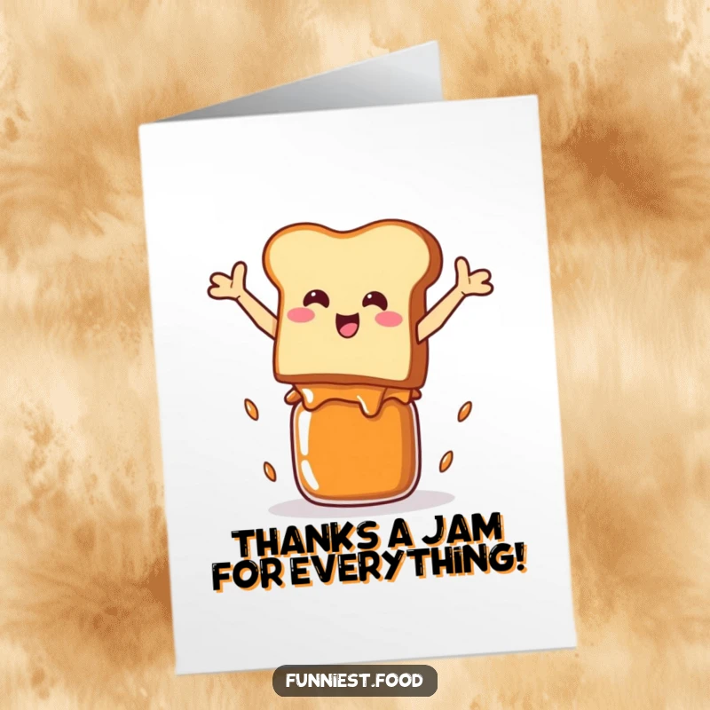 Funny Free Printable Thank You Card: Toast character impressively leaping over a jam jar, expressing gratitude humorously.