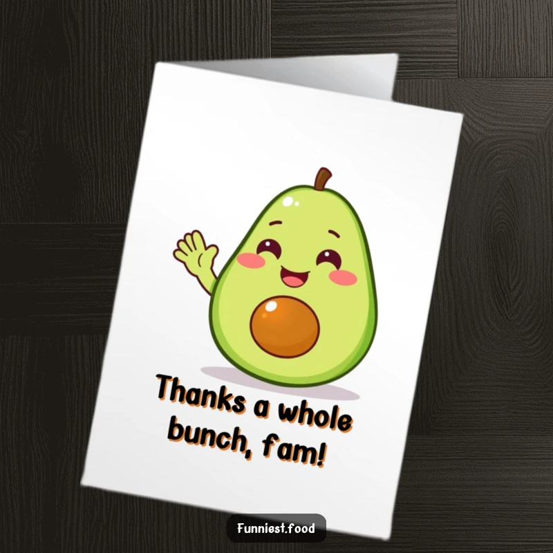Funny Free Printable Thank You Card featuring a smiling avocado giving a warm, friendly wave.