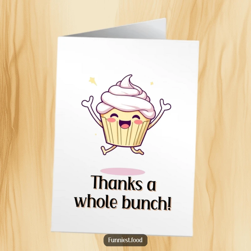 Funny Free Printable Thank You Card: Joyful cupcake character doing a celebratory jump, a fun thank you.
