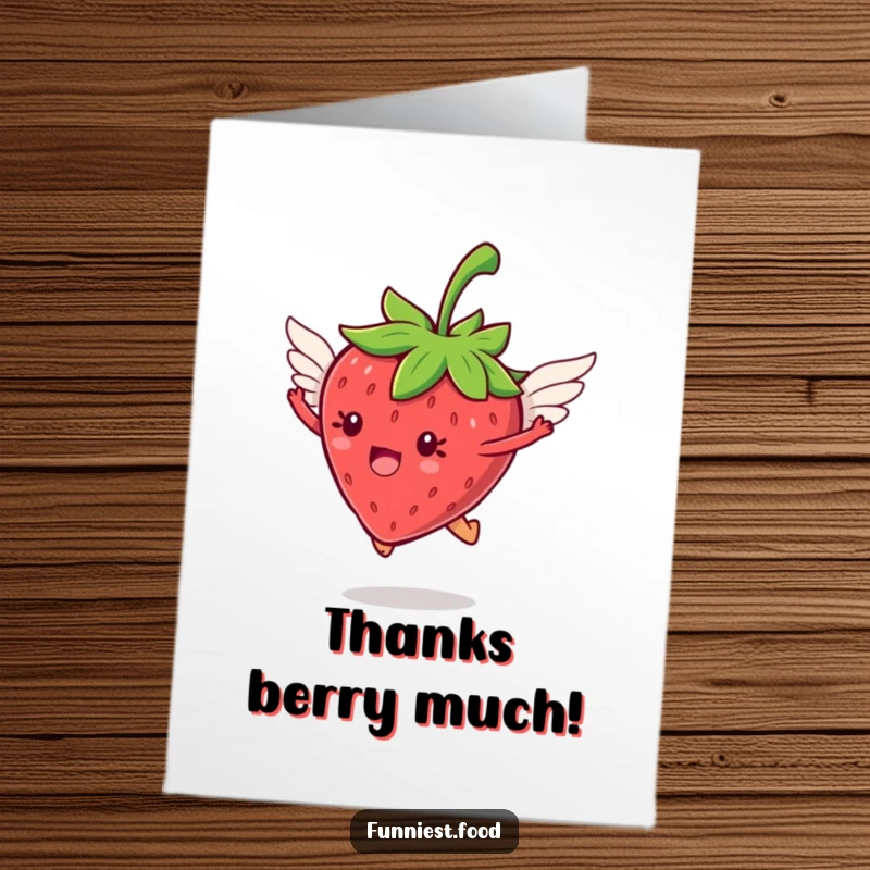 Funny Free Printable jumping strawberry with tiny wings flying, a sweet thank you card.