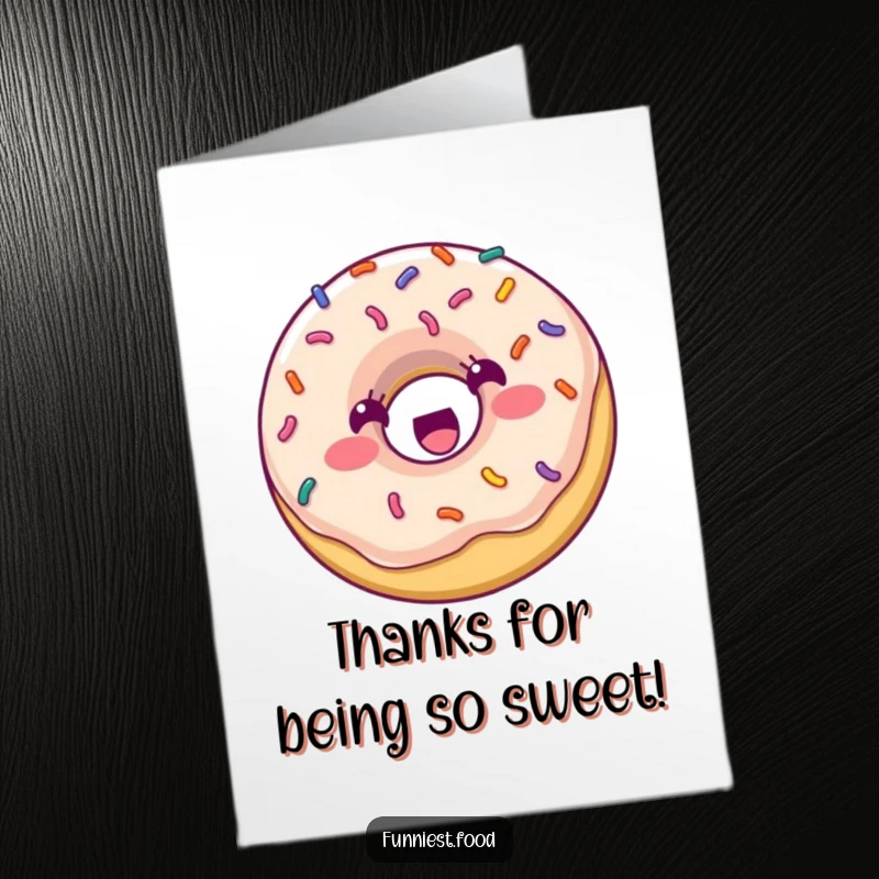 Funny Free Printable Thank You Card: A happy donut with sprinkles bouncing with excitement, conveying heartfelt thanks.