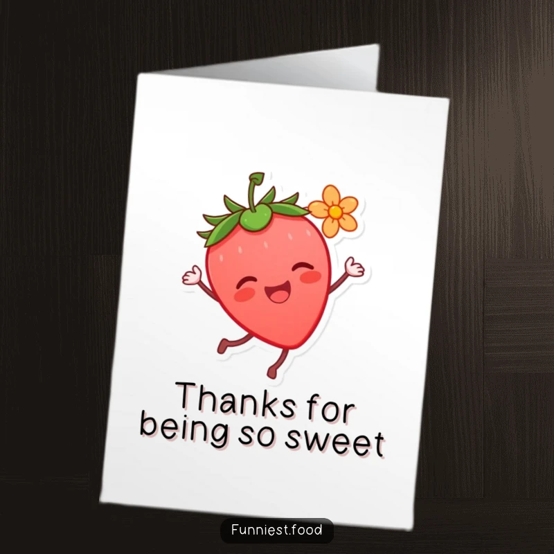 Funny Free Printable Thank You Card: A happy strawberry character dances with a flower attached, a delightful thank you.