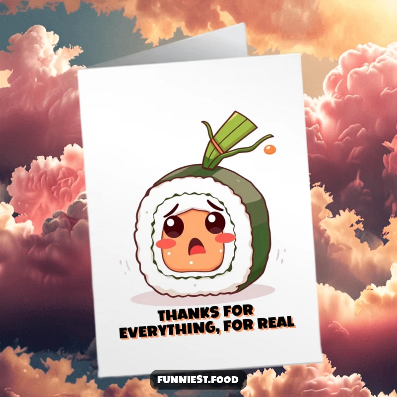 Funny Free Printable Thank You Card: A sushi roll reacts with surprise to flying seaweed, a quirky expression of thanks.