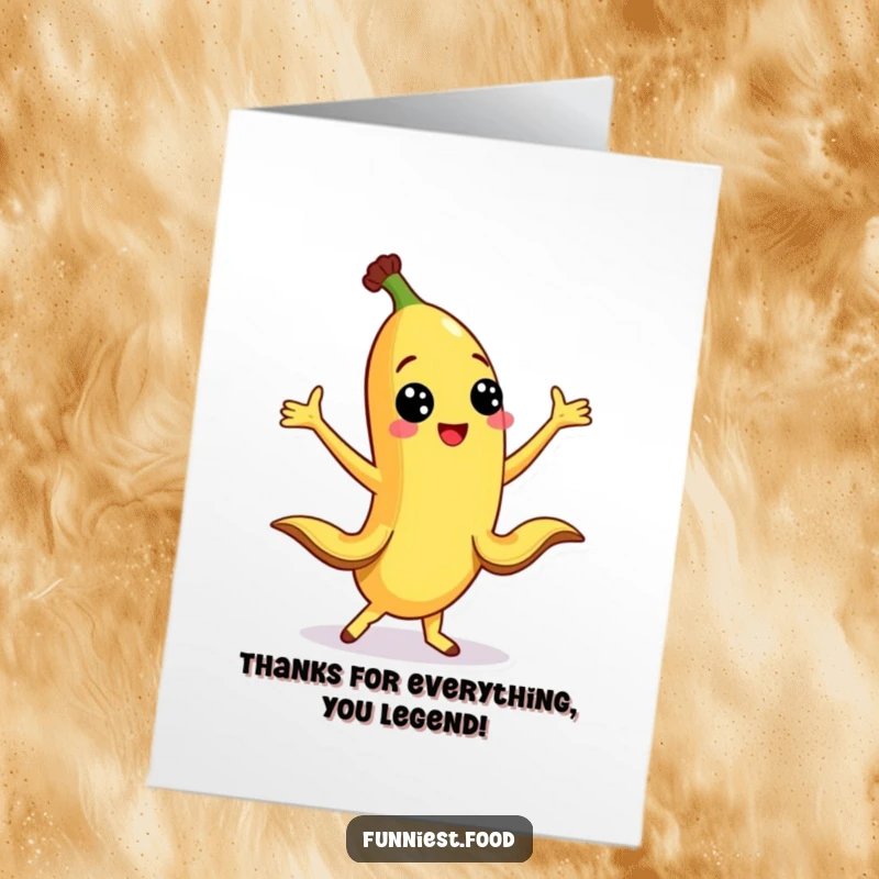 Funny free printable thank you card of a banana character mid-silly dance with peel legs extended, ideal for DIY gift.