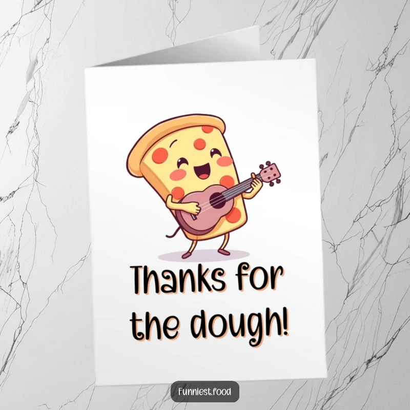 Funny Free Printable thank you card with a pizza slice character enthusiastically playing a ukulele, sending gratitude with a song.