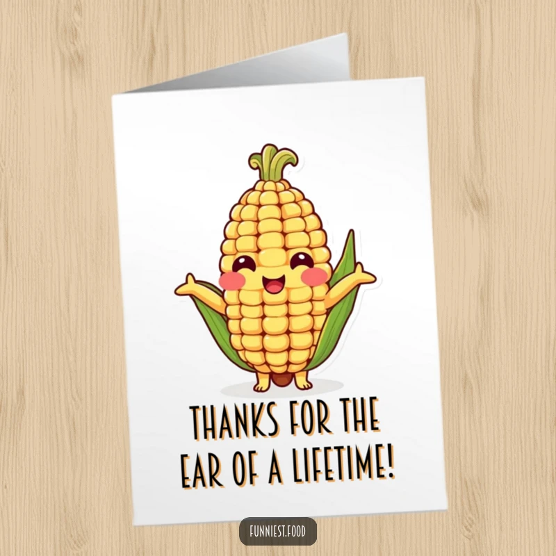 Funny Free Printable Thank You Card with a cheerful corn cob character, arms outstretched, ready to give a hug of thanks.