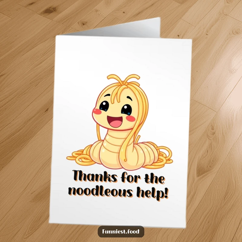Funny Free Printable Thank You Card: A playful worm made from spaghetti, smiling broadly to show appreciation.