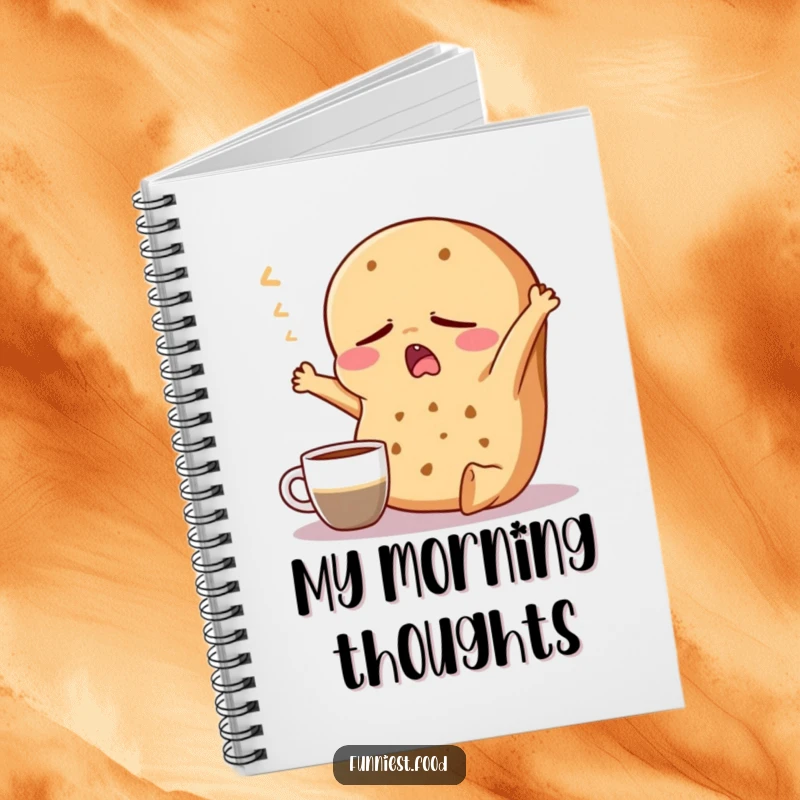 Funny Bagel Notebook: A sleepy bagel character yawning near a coffee cup, ideal for jotting down morning thoughts.