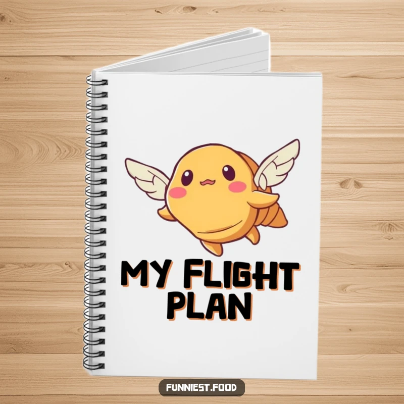 Funny croissant notebook, a bewildered pastry with small wings trying its best to fly, for journaling.