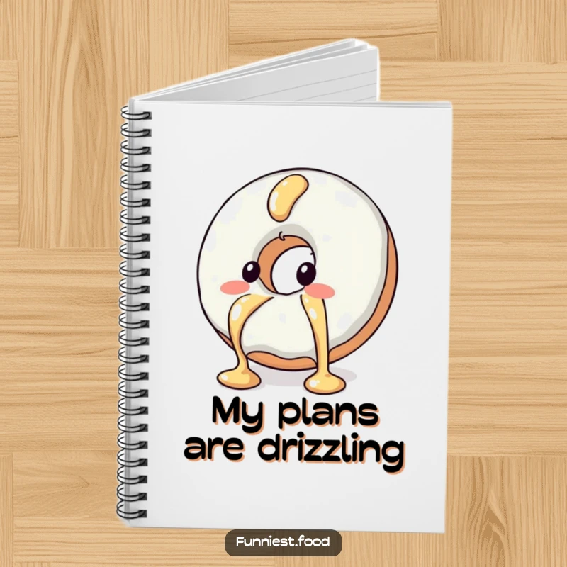 Funny notebook featuring a blushing donut character trying to escape syrup, ideal for journaling or creative ideas.