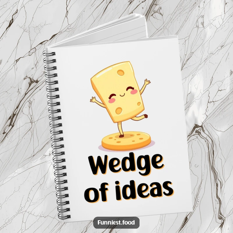 Funny notebook featuring a winking cheese wedge pirouetting on a cracker, perfect for jotting down humorous ideas.