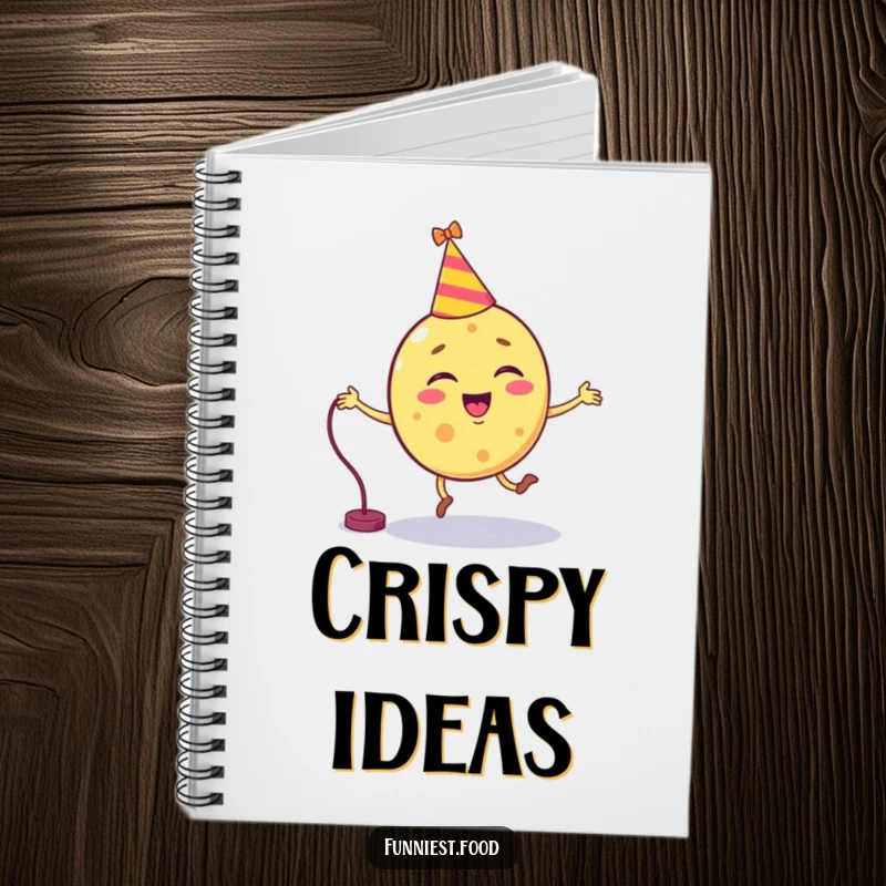 Funny chip character attempting to jump rope on a notebook cover, ideal for jotting down notes.