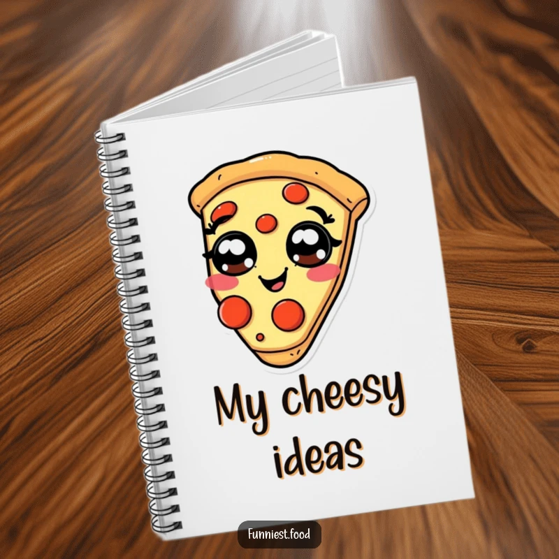 Funny giggling pizza notebook, a slice with pepperoni eyes, for journaling food thoughts.