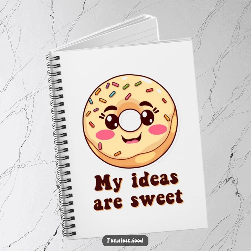 Funny goofy donut with sprinkles making a silly face on a notebook, for jotting down notes with humor, a great funny gift.