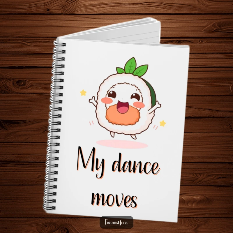 Funny happy sushi roll notebook, a delighted roll dancing, for journaling food ideas.