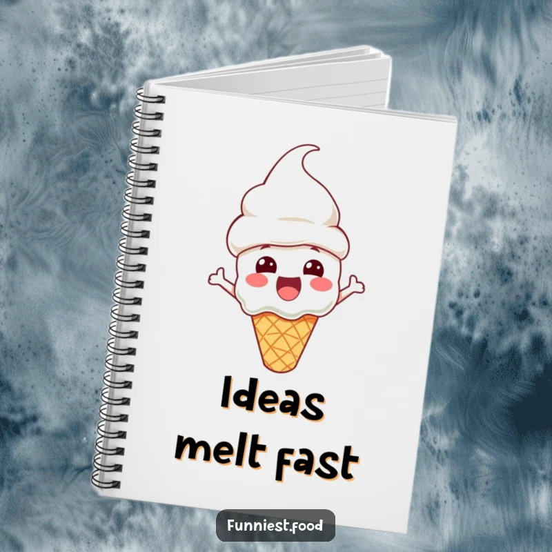 Funny Notebook with an excited ice cream cone character wearing a cone hat, perfect for jotting down sweet thoughts and ideas.