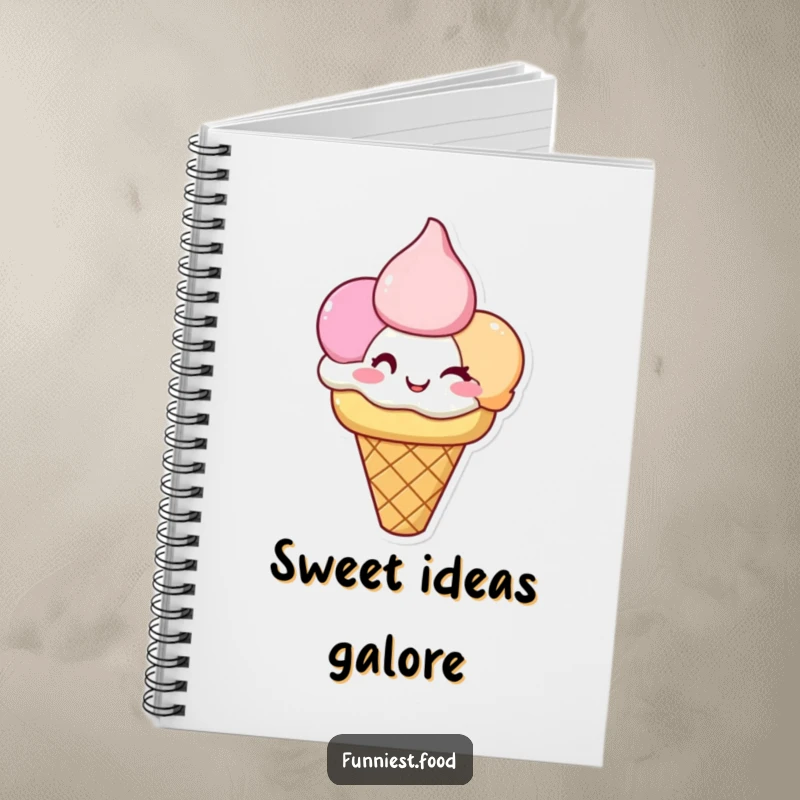 Funny Ice Cream Notebook: A happy ice cream cone with winking scoops is perfect for jotting down sweet ideas.