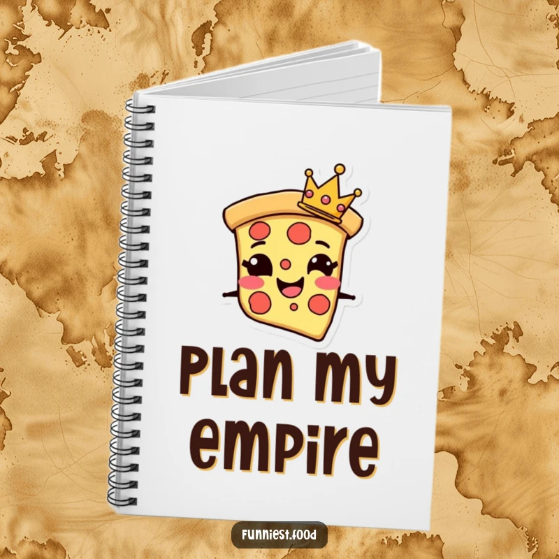 Funny Notebook with a grinning pizza slice character wearing a tiny crown, perfect for jotting down delicious thoughts and ideas.