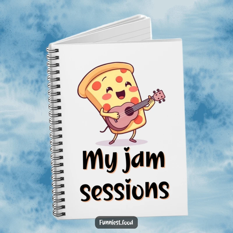 Funny Pizza Notebook: A pizza slice character plays a ukulele, ideal for taking notes with a touch of musical humor.