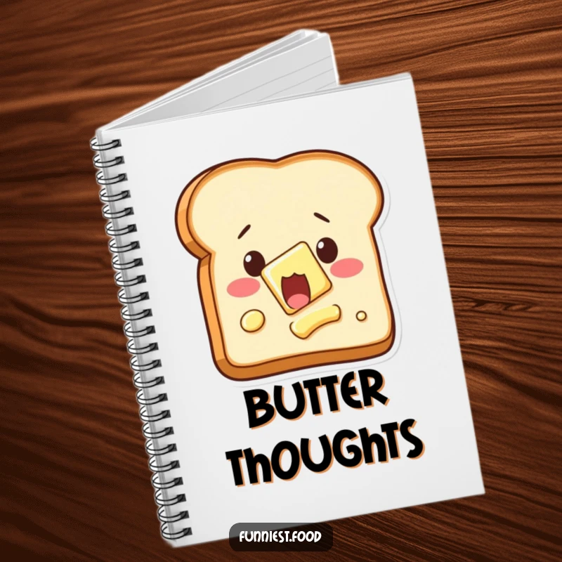 Funny shocked toast notebook, with butter spreading itself, for journaling breakfast thoughts.