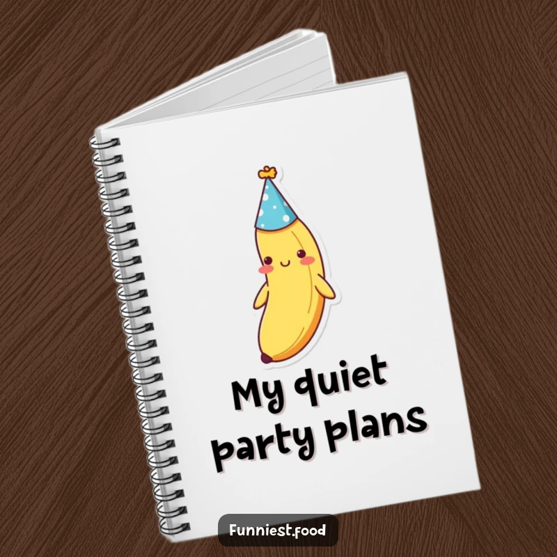 Funny shy banana with a party hat, featured on a notebook cover, ideal for writing sweet notes and plans, a useful funny gift.